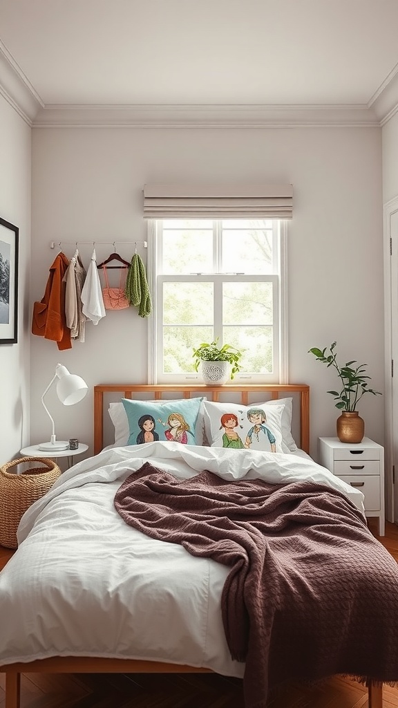 A cozy tiny bedroom featuring a bed with colorful pillows, a hanging rack with clothes, and a plant by the window.