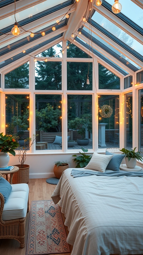 A sunroom with hanging string lights, showcasing a cozy atmosphere with plants and a bed.
