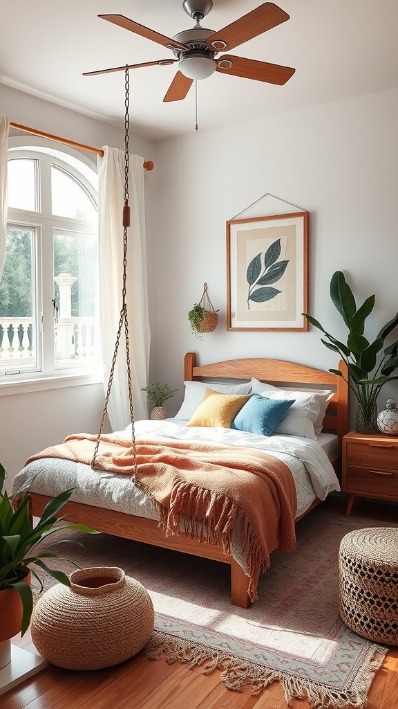A cozy western bedroom featuring a hanging swing chair, wooden furniture, and plants.