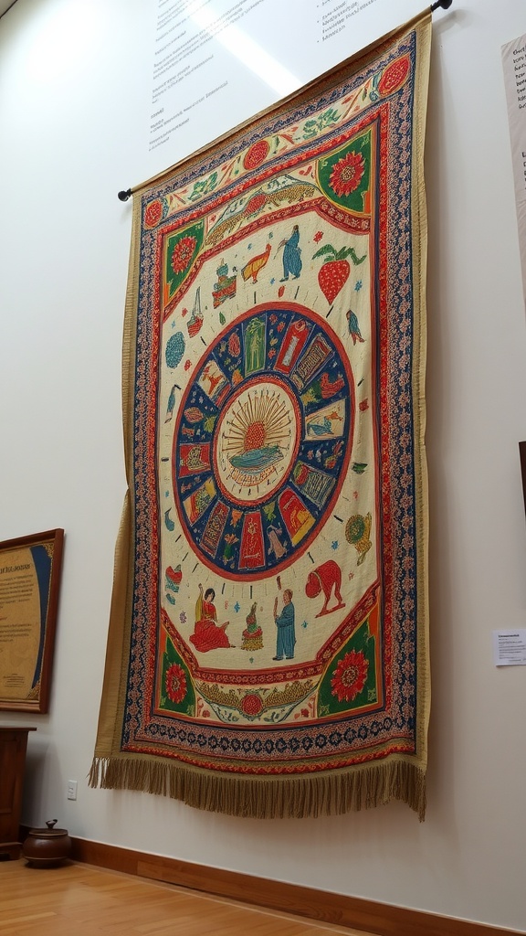 A colorful hanging tapestry with intricate designs featuring nature and figures.