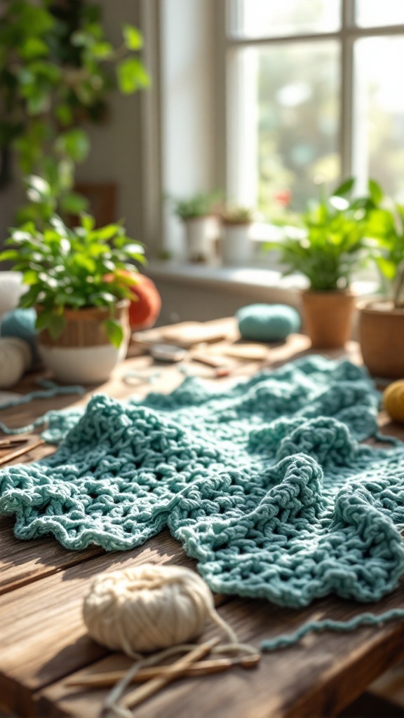 Crocheted plant hanger on a wooden table surrounded by yarn and tools