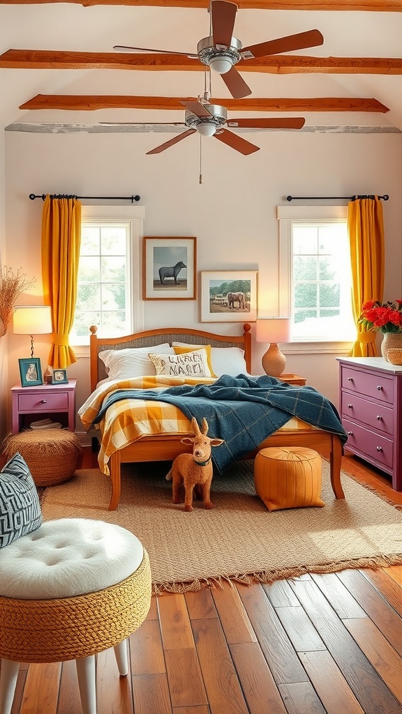 A cozy and colorful preschooler bedroom with a farmyard theme, featuring animal decor, bright curtains, and a playful atmosphere.