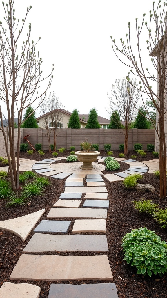A low-maintenance garden with stone pathways and a fountain.