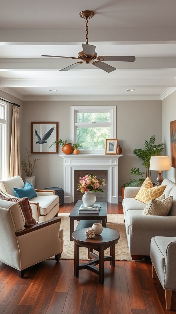 Cozy farmhouse living room with soft neutral colors and vibrant accents