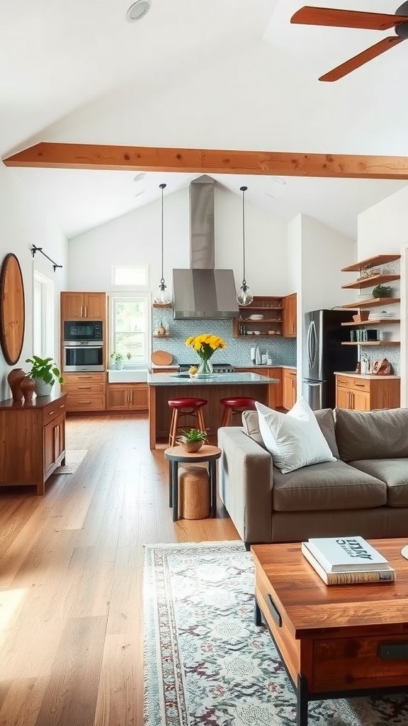 Open space living room and kitchen with modern and rustic design elements.