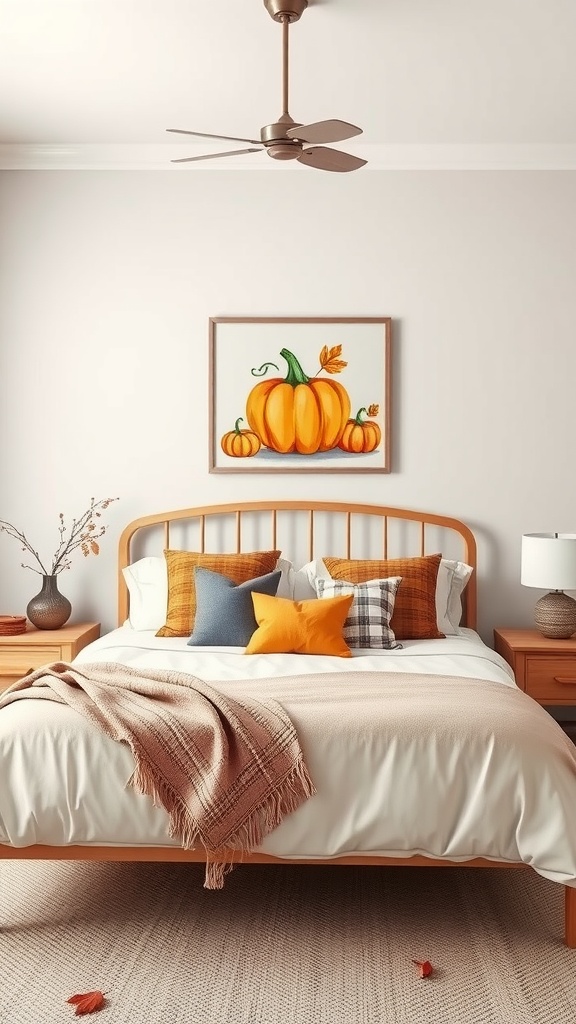 A cozy bedroom featuring a pumpkin-themed wall art above the bed with warm-toned pillows and a throw blanket.