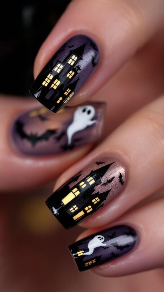 Nails painted black with white ghost designs, accessorized with silver rings.