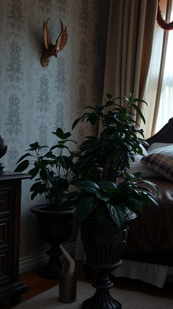 A cozy goth bedroom with lush green plants in ornate black pots, featuring dark wallpaper and warm wooden accents.