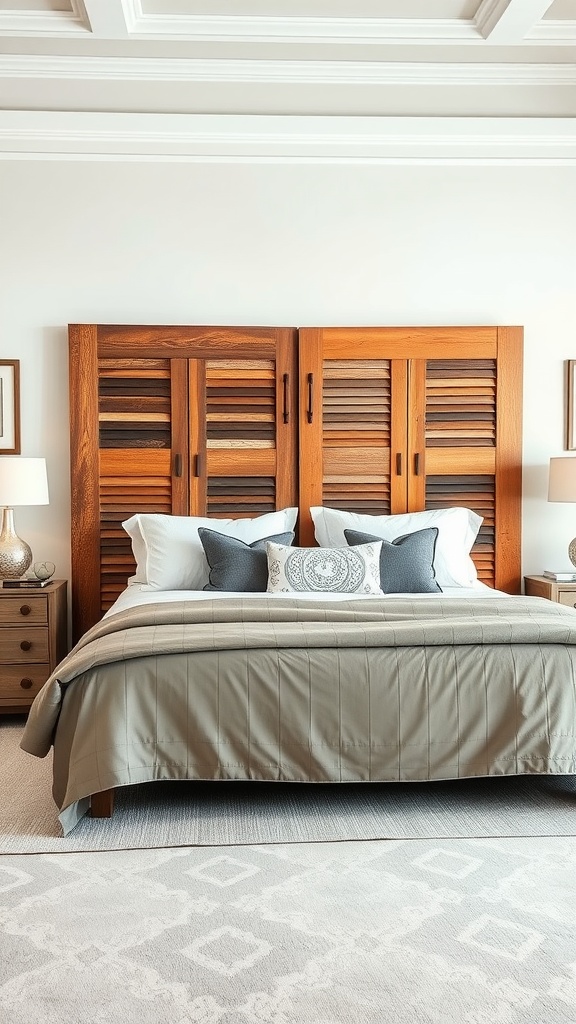 A stylish bedroom featuring a headboard made from reclaimed doors, adorned with cozy bedding and decorative pillows.