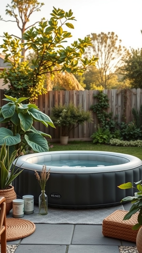A cozy backyard featuring an inflatable hot tub surrounded by greenery and decorative elements.