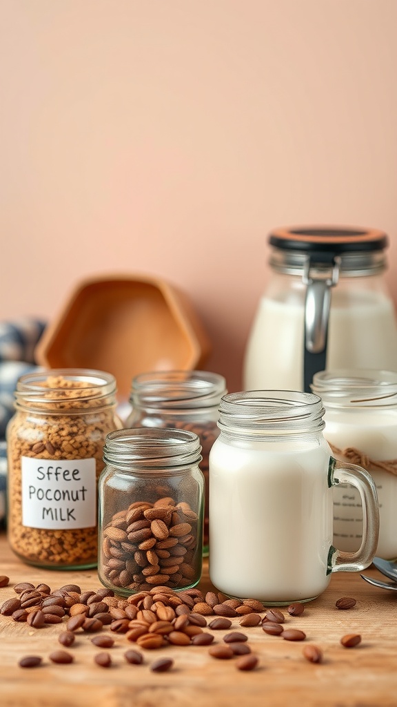 A coffee station featuring jars of coconut milk, roasted coffee beans, and healthy toppings
