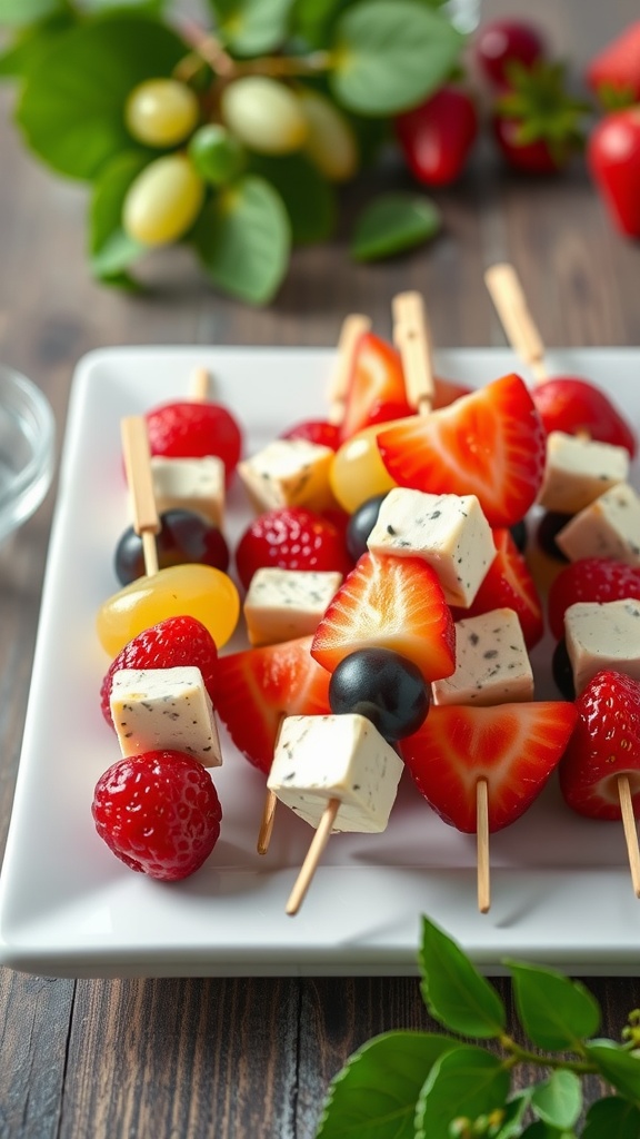 Colorful healthy snack kabobs with strawberries, grapes, and cheese cubes on skewers.