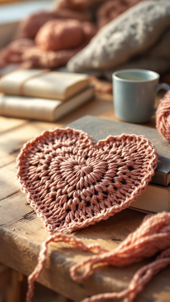 A heart-shaped crochet bookmark made of soft yarn, placed on a wooden table with a cup and additional crafting materials in the background.
