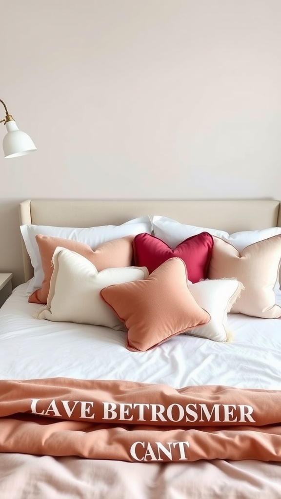 A cozy bed adorned with heart-shaped pillows in various soft colors.