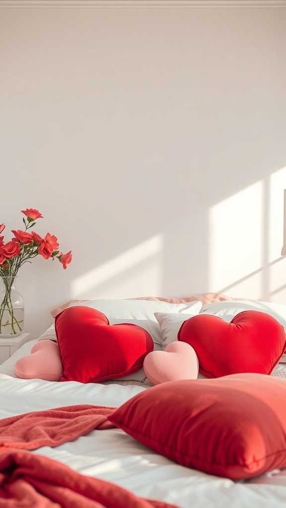 A cozy bed decorated with heart-shaped pillows in red and pink, complemented by a vase of flowers.