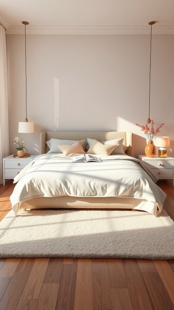 A bedroom featuring a heart-themed rug, soft bedding, and warm lighting.