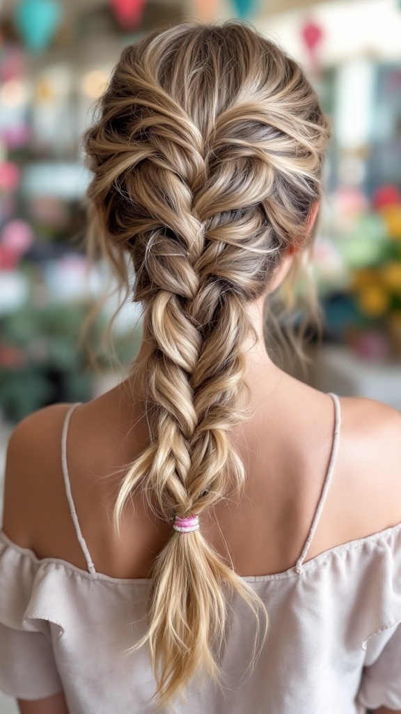 A woman showcasing a heart braid hairstyle with playful volume, seen from the back.
