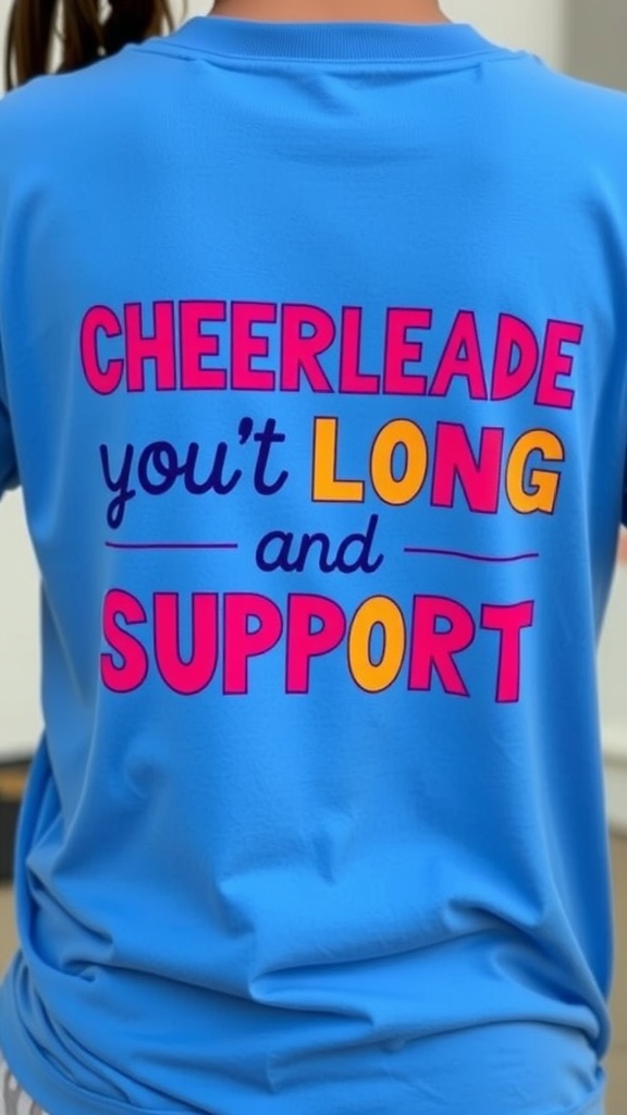 A blue cheer mom shirt with colorful text that reads 'CHEERLEADE you’ll LONG and SUPPORT'.