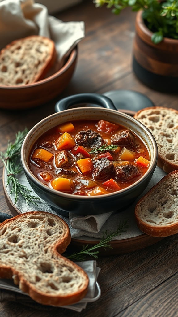 A bowl of hearty beef stew with colorful vegetables, served with slices of crusty bread next to it.