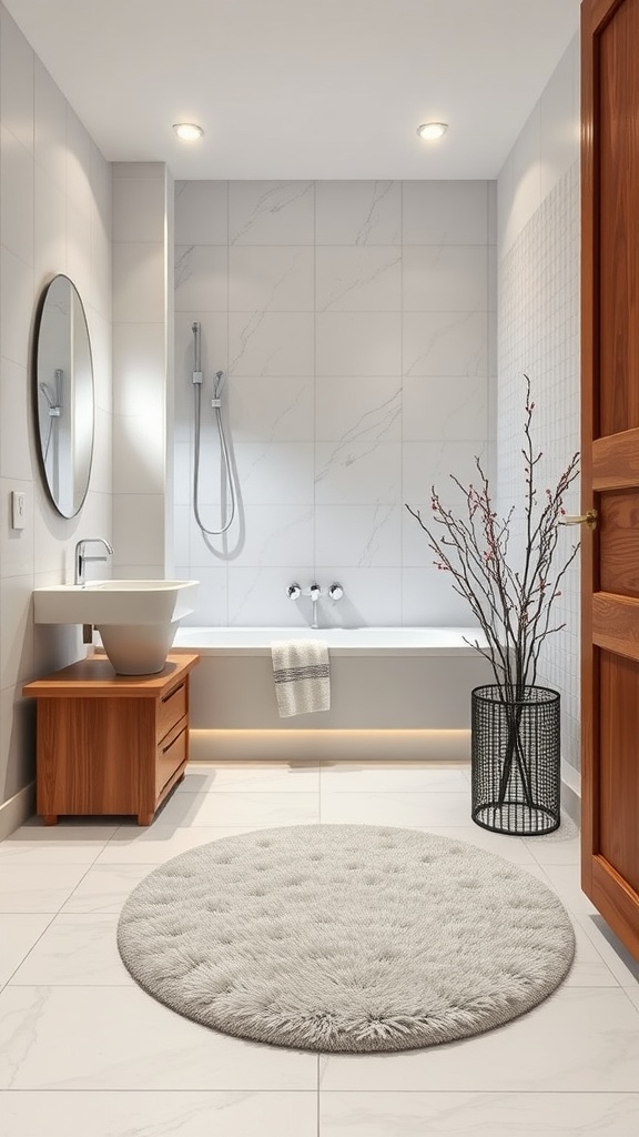 Modern luxury bathroom with heated flooring, stylish fixtures, and a cozy rug.