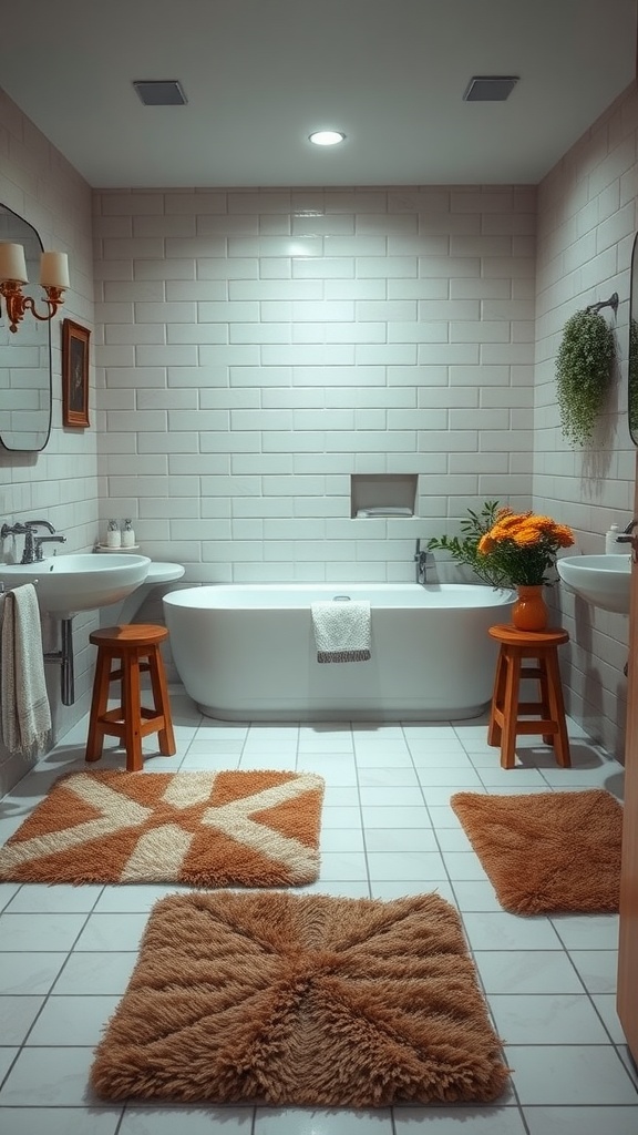 A modern, cozy bathroom featuring heated floors with decorative rugs, a freestanding tub, and warm lighting.