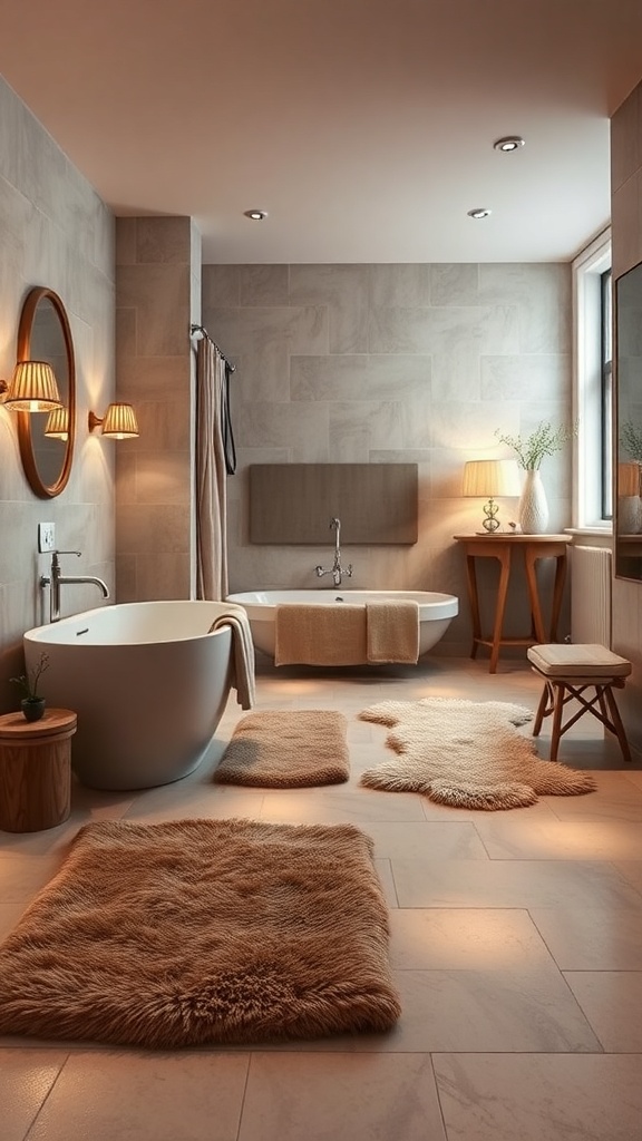 A luxurious bathroom featuring a modern tub, plush rugs, and warm lighting.