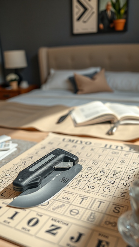 A heavy-duty utility knife on a patterned surface in a cozy bedroom setting.