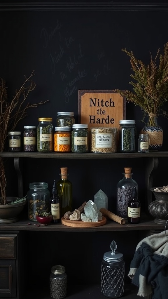 A dark shelf displaying jars of herbs and crystals, featuring a mix of dried plants and decorative elements.