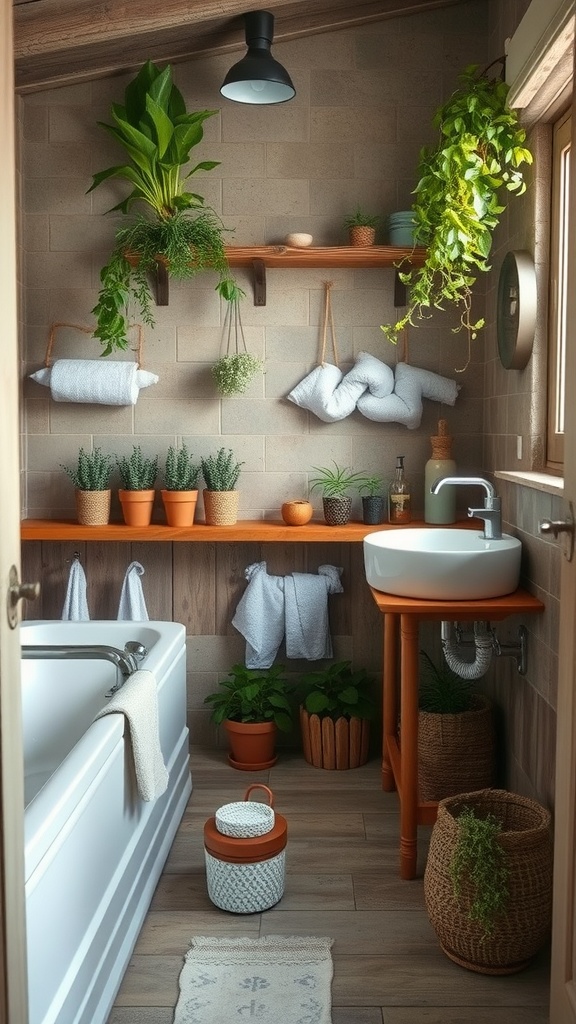 A rustic bathroom featuring various hanging and potted plants, wooden shelves, and warm tones, creating a cozy atmosphere.