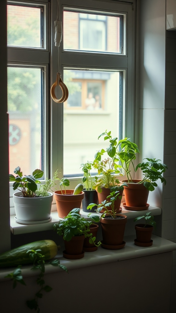 A cozy kitchen windowsill filled with pots of herbs and vegetables, showcasing lush green plants.