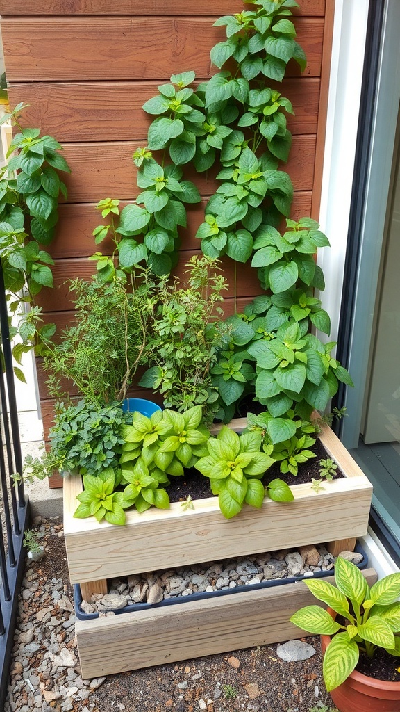 Raised herb garden with various herbs planted in a wooden box