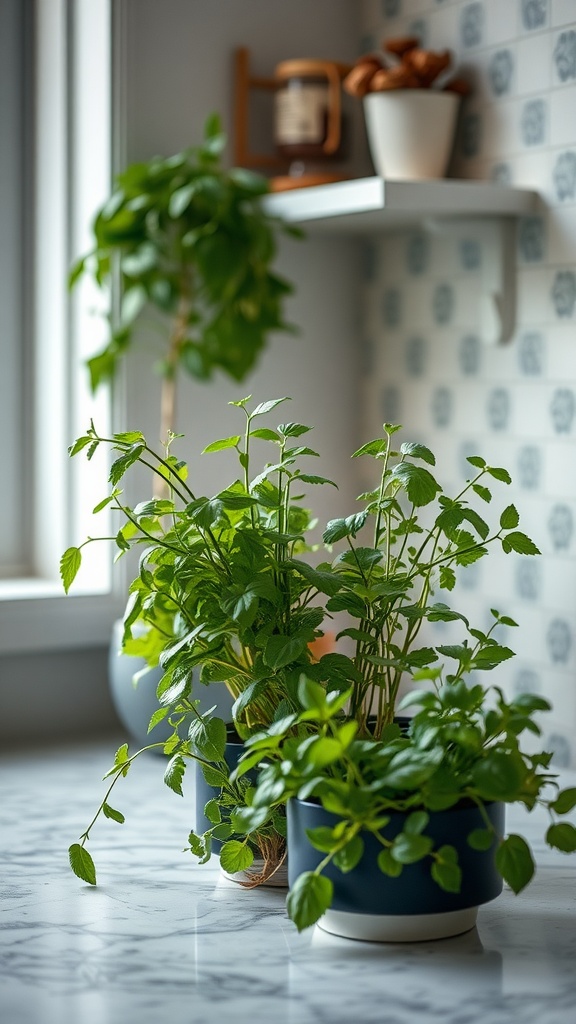 A collection of potted herbs on a marble countertop, featuring vibrant green leaves and a cozy kitchen background.