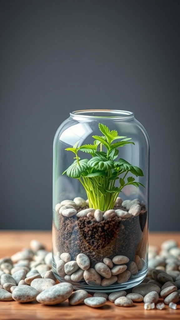 A glass terrarium showcasing a green herb plant surrounded by pebbles.