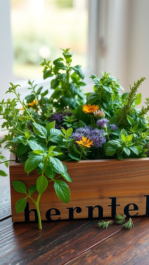 A reclaimed wood box filled with various herbs, showcasing vibrant green leaves and colorful flowers, placed on a wooden surface.