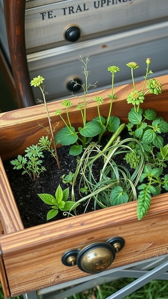 An herb garden growing in a repurposed wooden drawer filled with various herbs.