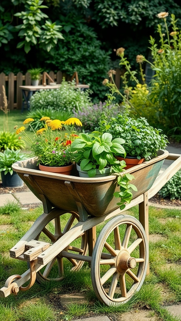 A vintage wheelbarrow filled with potted herbs and flowers in a garden setting.