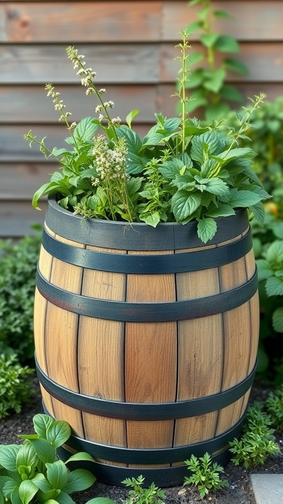 Wine barrel filled with fresh herbs