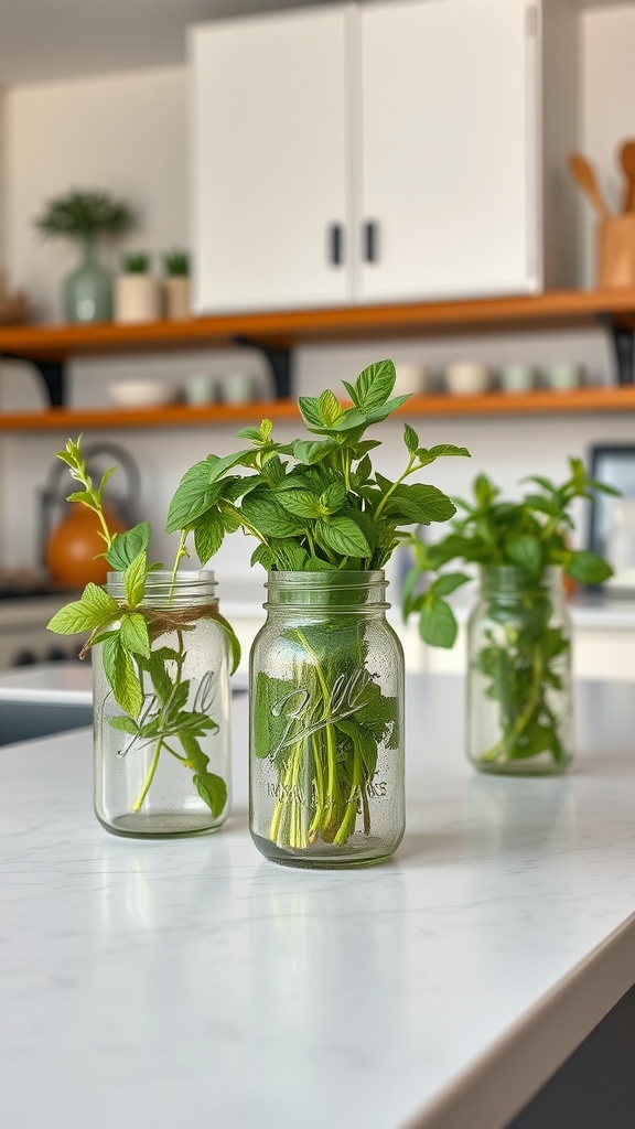Herb garden in mason jars on a kitchen island.