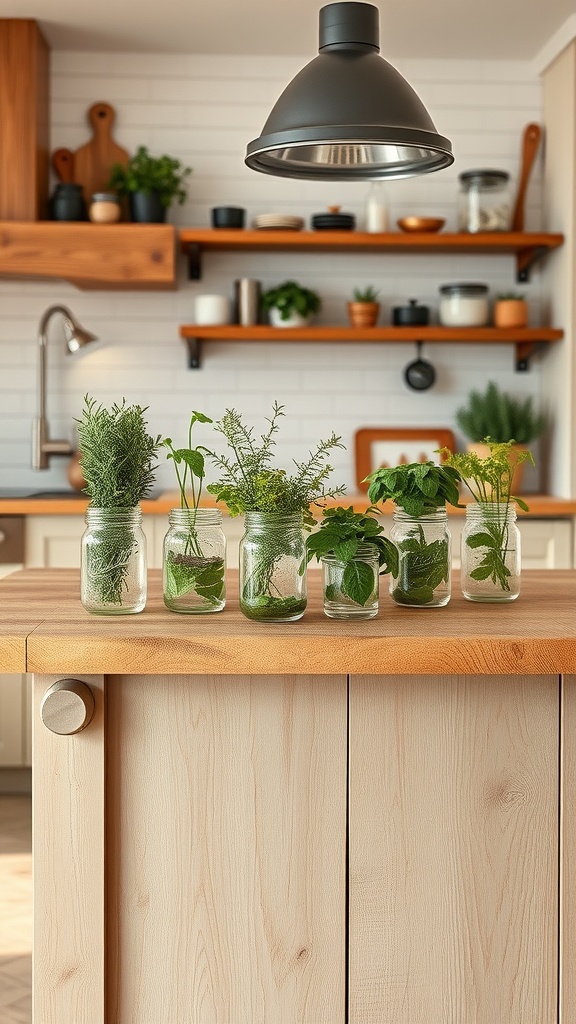 Mason jars filled with various herbs on a kitchen island.