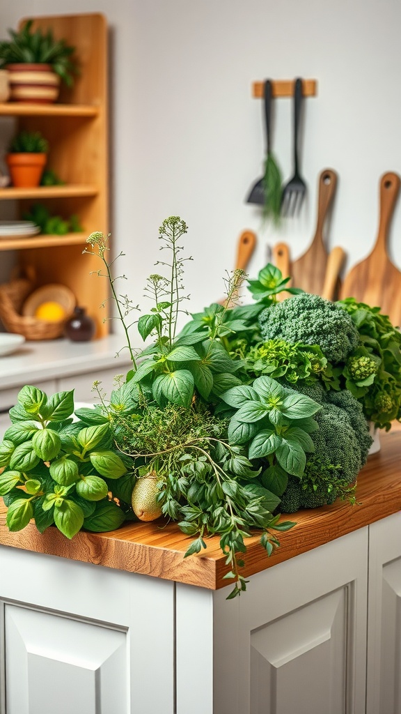 A bountiful herb garden displayed on a kitchen island with various green plants.
