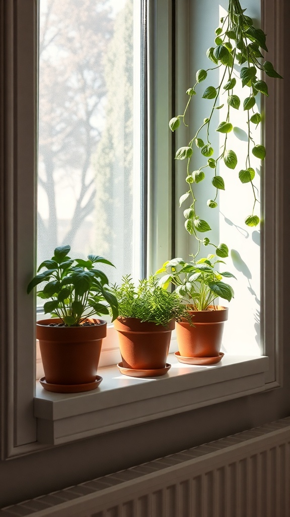 A sunny kitchen windowsill with potted herbs including basil, parsley, and a trailing plant.
