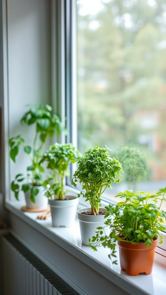 A collection of herbs in pots on a window sill, including basil and parsley.