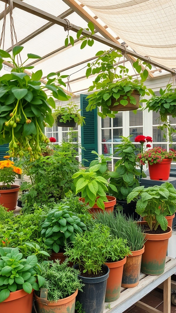 A patio herb garden with various potted herbs and colorful flowers under a canopy.