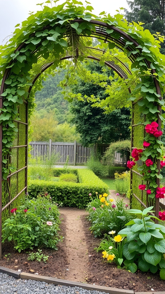 A lush garden arch adorned with green vines and colorful flowers, leading into a vibrant herb garden.