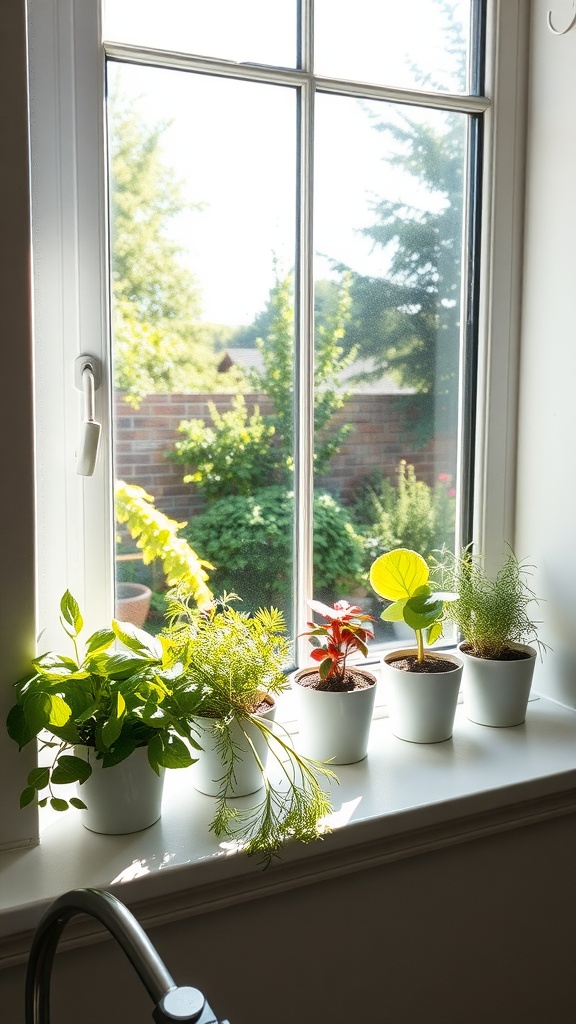 A bright windowsill with various herbs in white pots, showcasing a farmhouse-style kitchen.