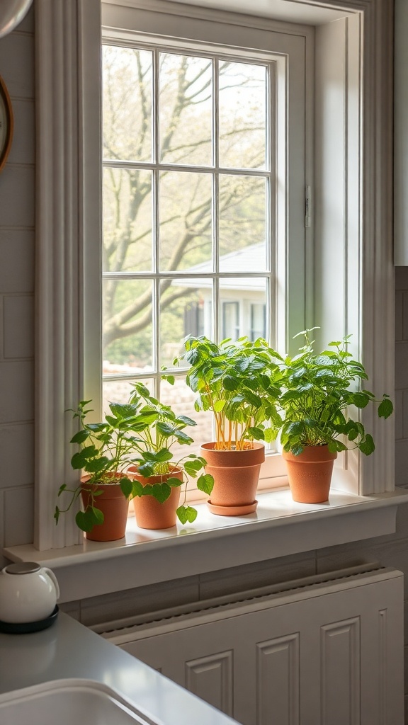 A cozy kitchen windowsill with potted herbs basking in sunlight.
