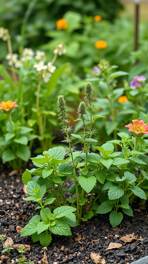 A lush herb garden featuring mint and various flowers in the background