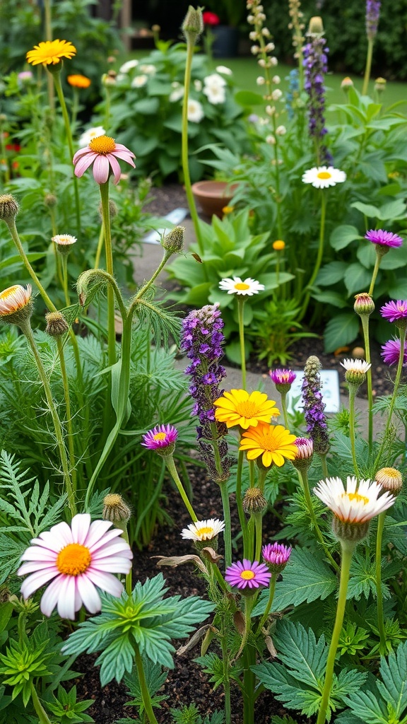 A colorful herb garden featuring various flowers and greenery.