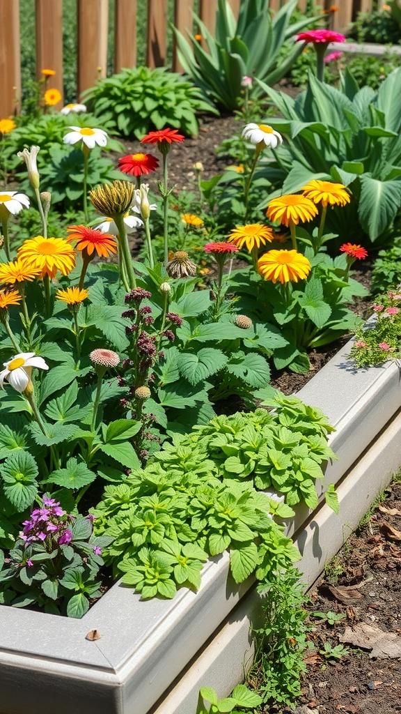 Colorful raised herb garden with decorative edging and flowers.