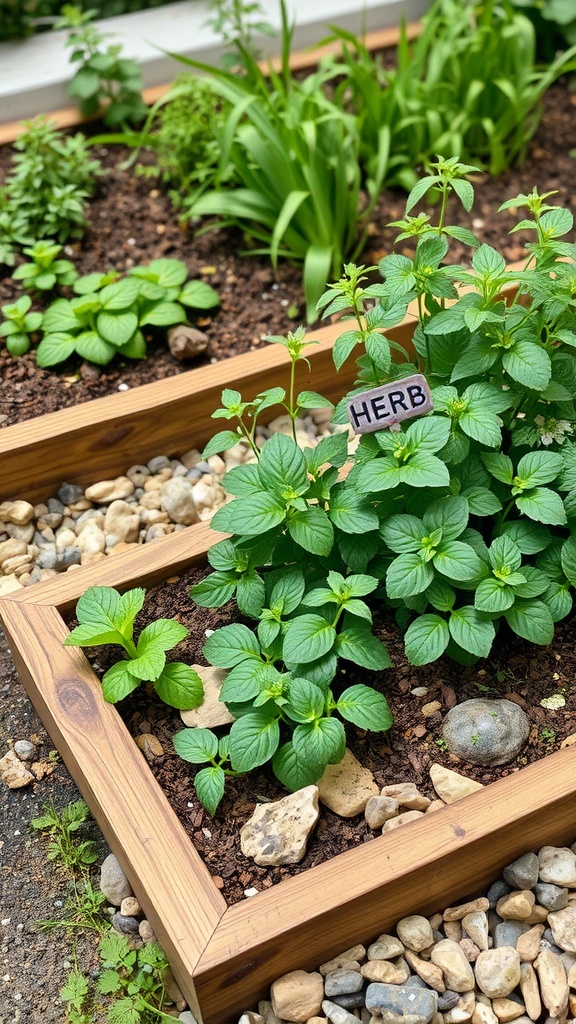 A well-organized herb garden in a wooden frame with decorative stones.